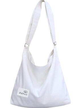 Women's White Canvas Crossbody Bag Casual Hobo Lightweight Zipper Shoulder Strap